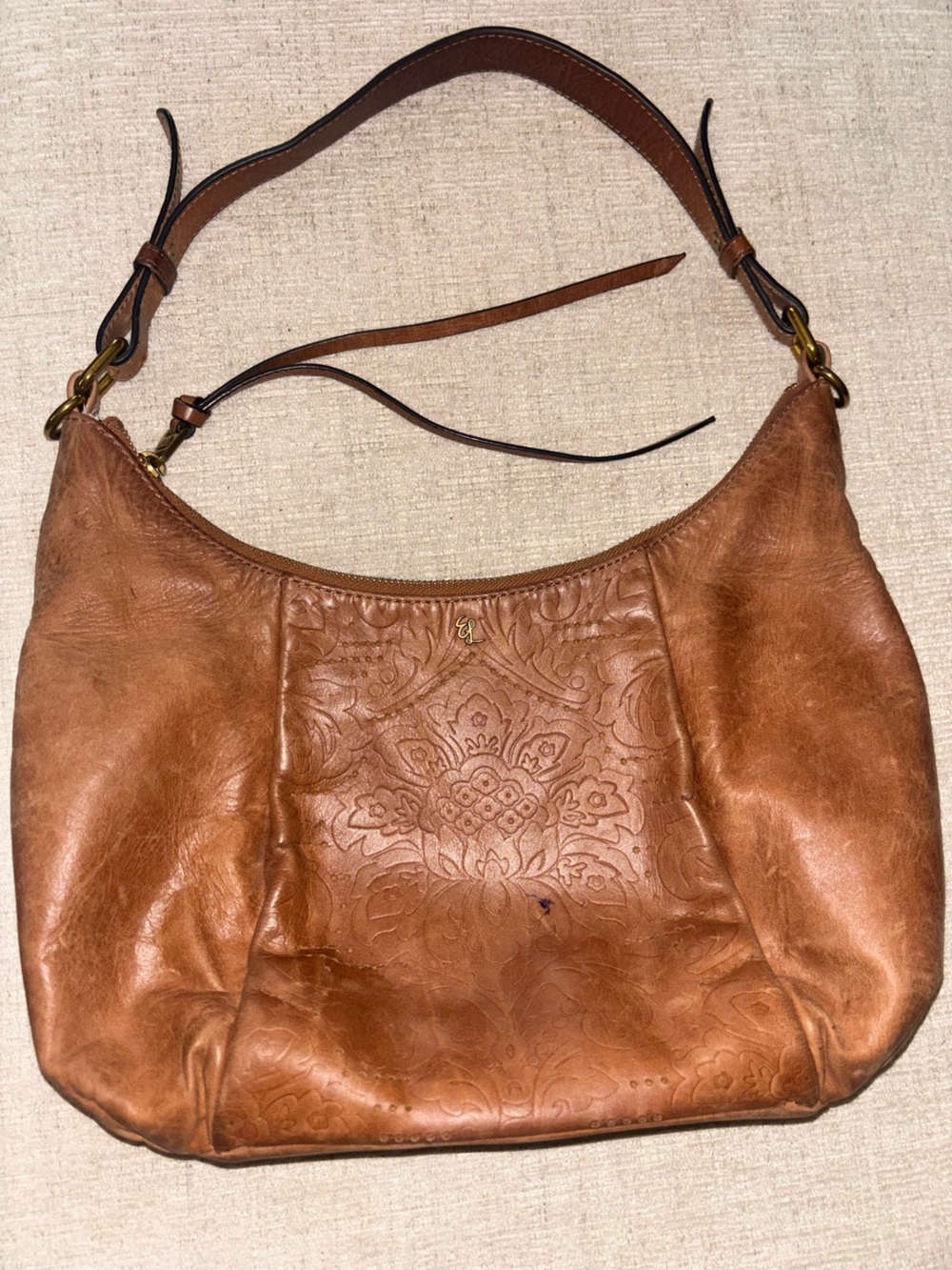 Elliott Lucca Cognac Floral Embossed Hobo Leather Shoulder Bag Purse Brown Boho - Picture 2 of 15
